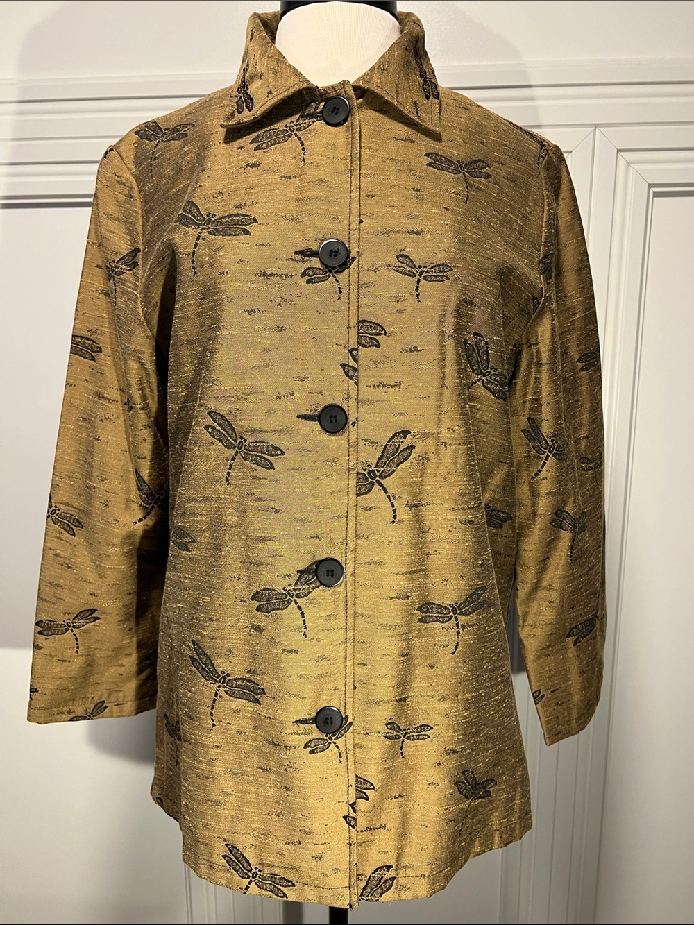 Gold Dragonfly Print Button-Up Jacket by Giancarlo Ferrari